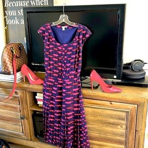 Lips 👄 Print Dress! Halogen Fit & Flare Pleated Skirt with fitted bodice.
